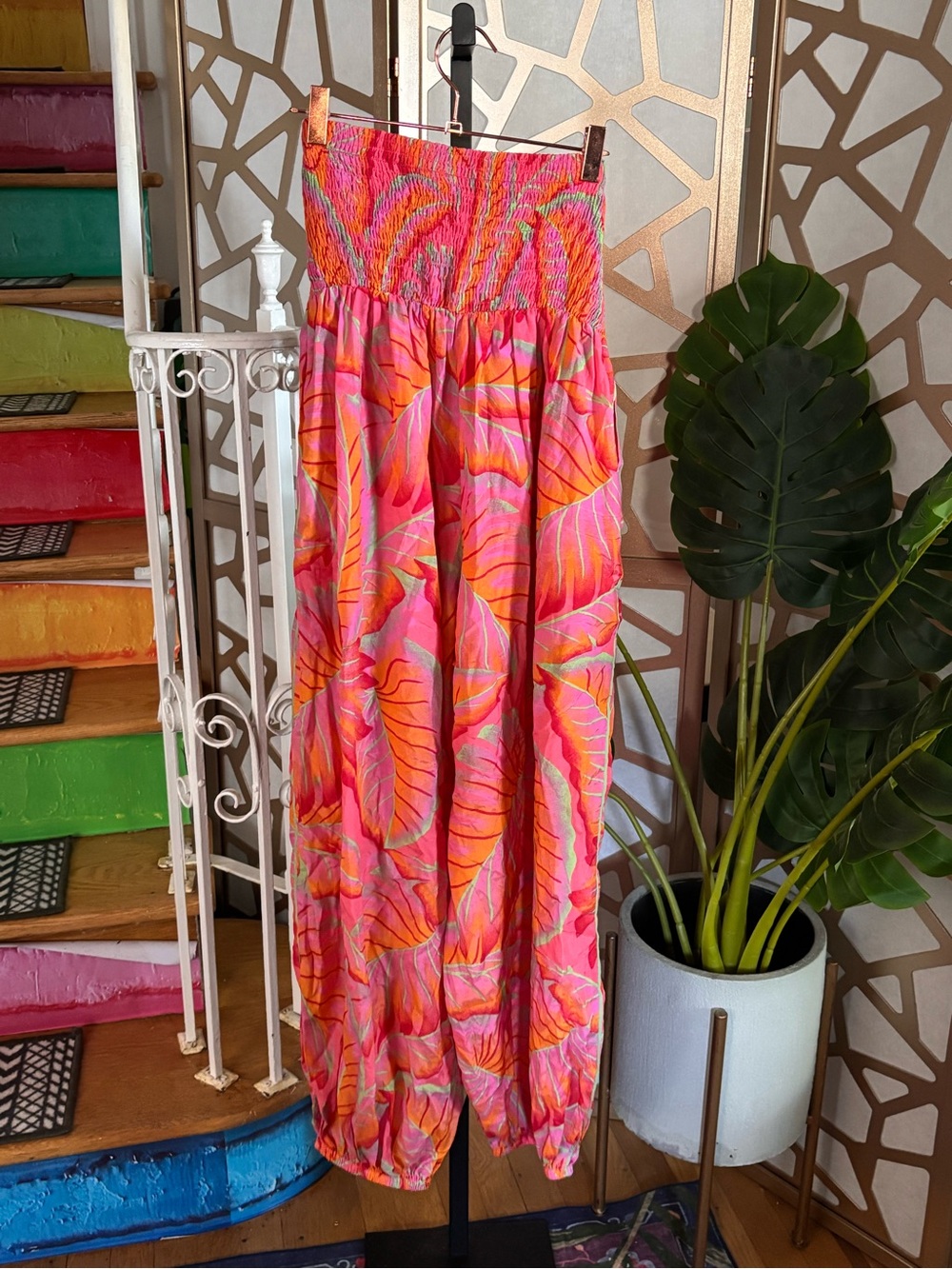 FARM Rio Pink Tropical Leaf Print Tie Waist Harem Pants XL NWT - Picture 6 of 8